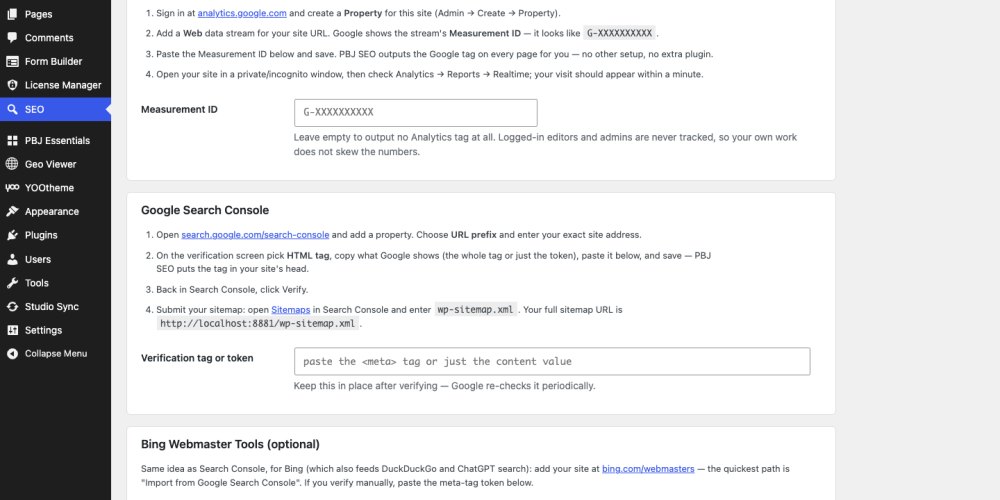 PBJ SEO 3.3 — Google Tools tab: GA4 and Search Console setup