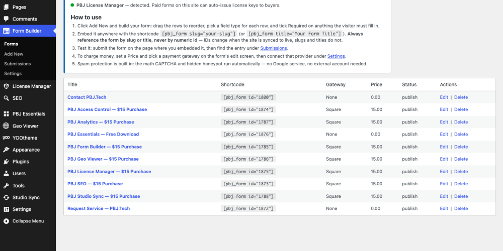 PBJ Form Builder 1.4 — Forms list with getting-started checklist