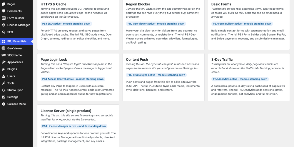 PBJ Essentials — seven free modules on the Modules screen