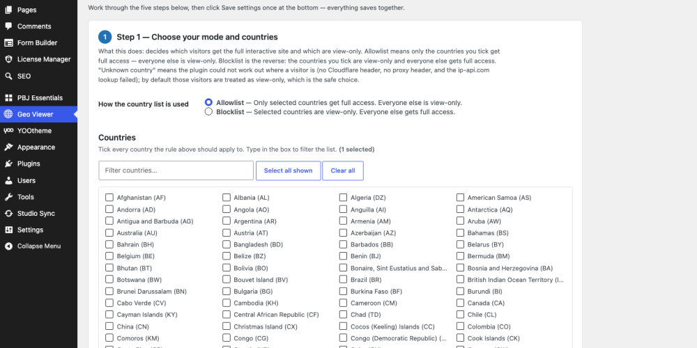 PBJ Geo Viewer 1.5 — guided five-step country blocking settings