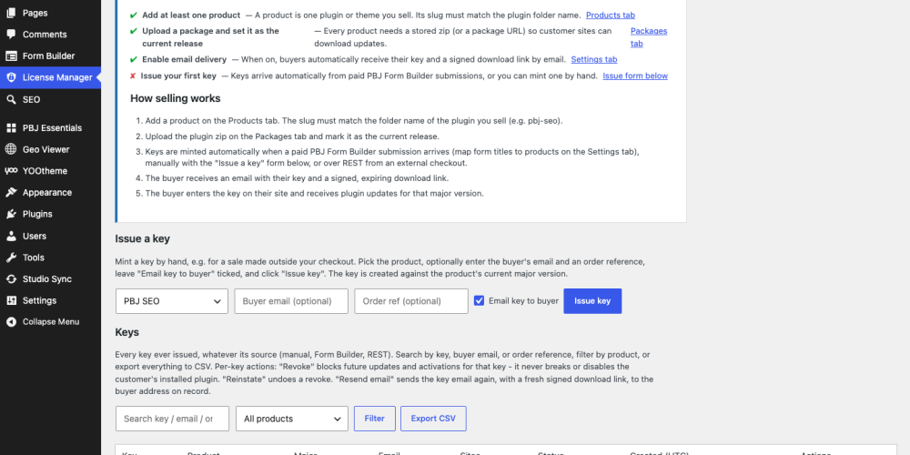 PBJ License Manager 1.2 — Keys tab with getting-started checklist