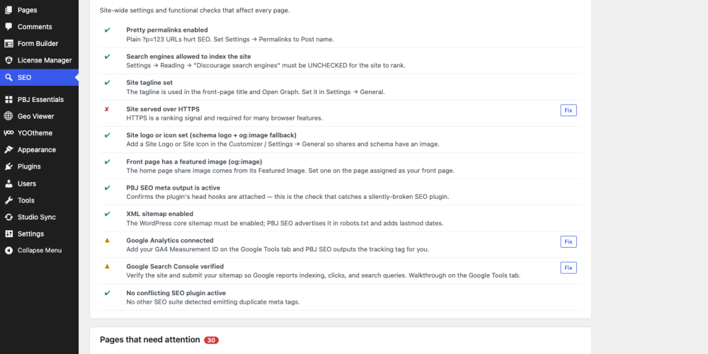 PBJ SEO 3.3 — site checklist and page-by-page audit