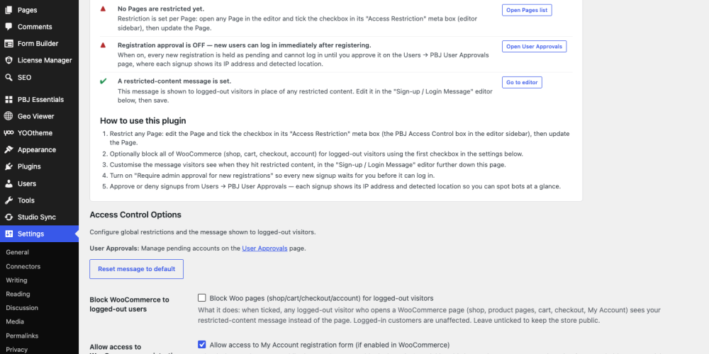 PBJ Access Control 2.4 — setup checklist and settings