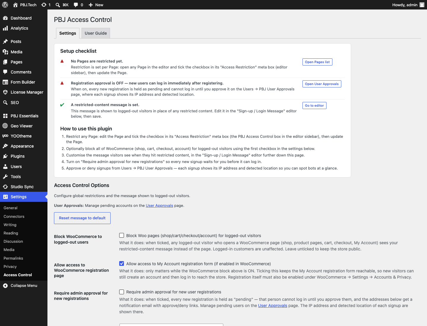 PBJ Access Control 2.4 — setup checklist and settings
