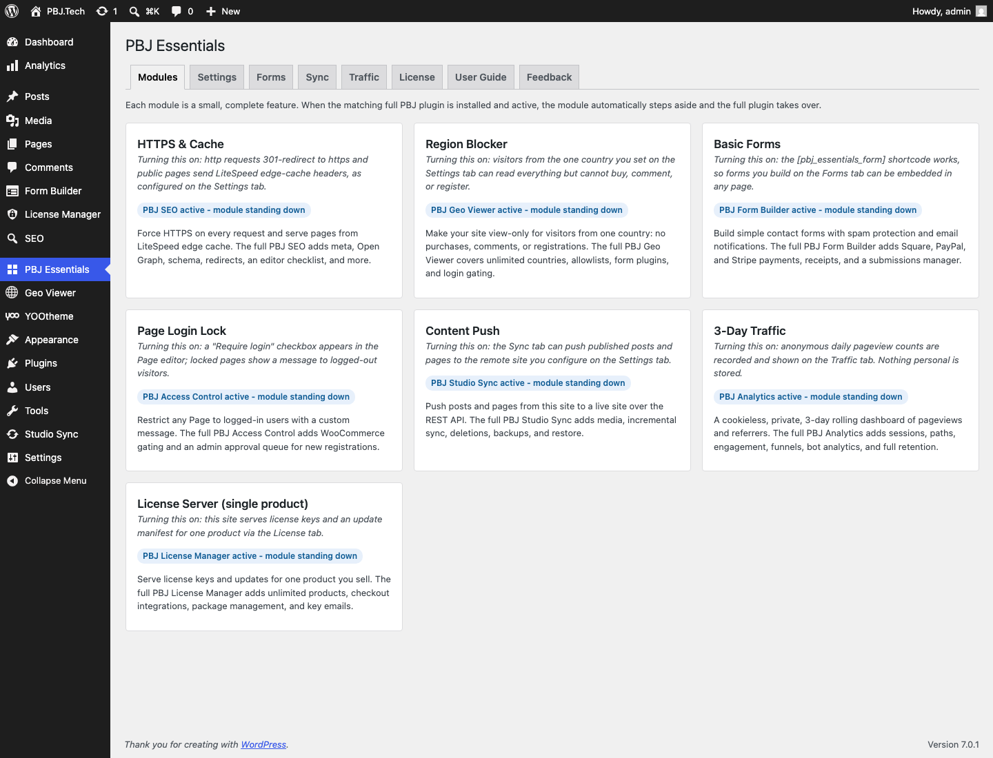 PBJ Essentials — seven free modules on the Modules screen