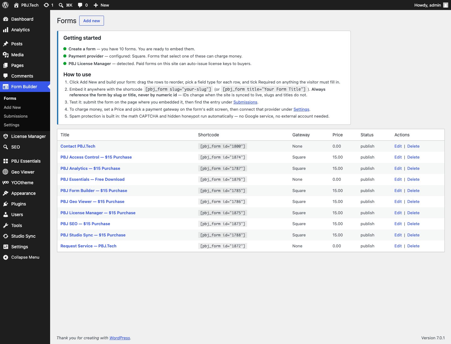PBJ Form Builder 1.4 — Forms list with getting-started checklist