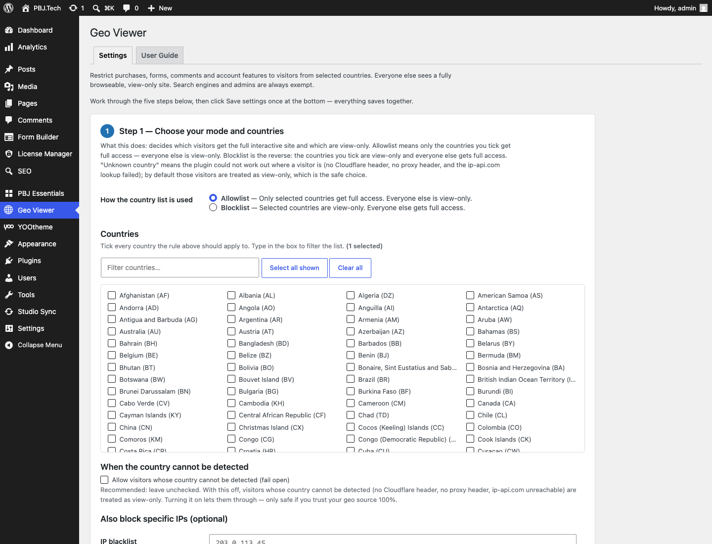PBJ Geo Viewer 1.5 — guided five-step country blocking settings