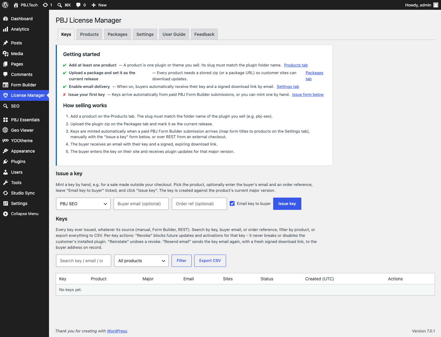 PBJ License Manager 1.2 — Keys tab with getting-started checklist