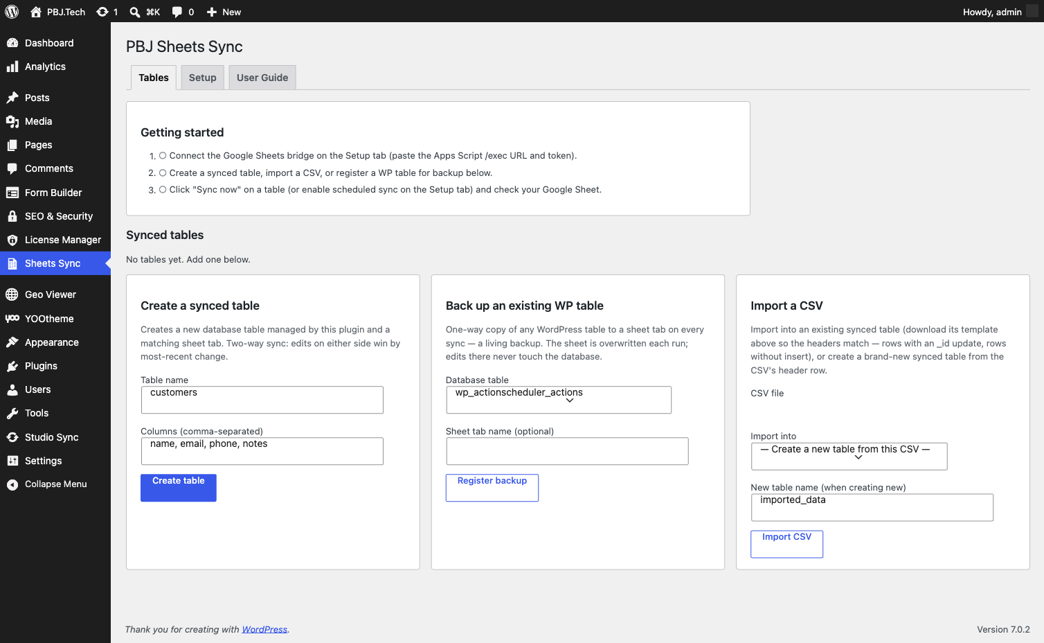PBJ Sheets Sync admin — Tables tab with synced tables, WP-table backup and CSV import