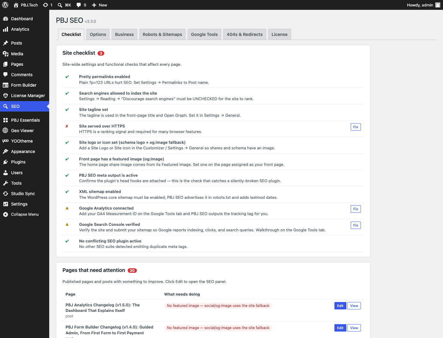 PBJ SEO 3.3 — site checklist and page-by-page audit