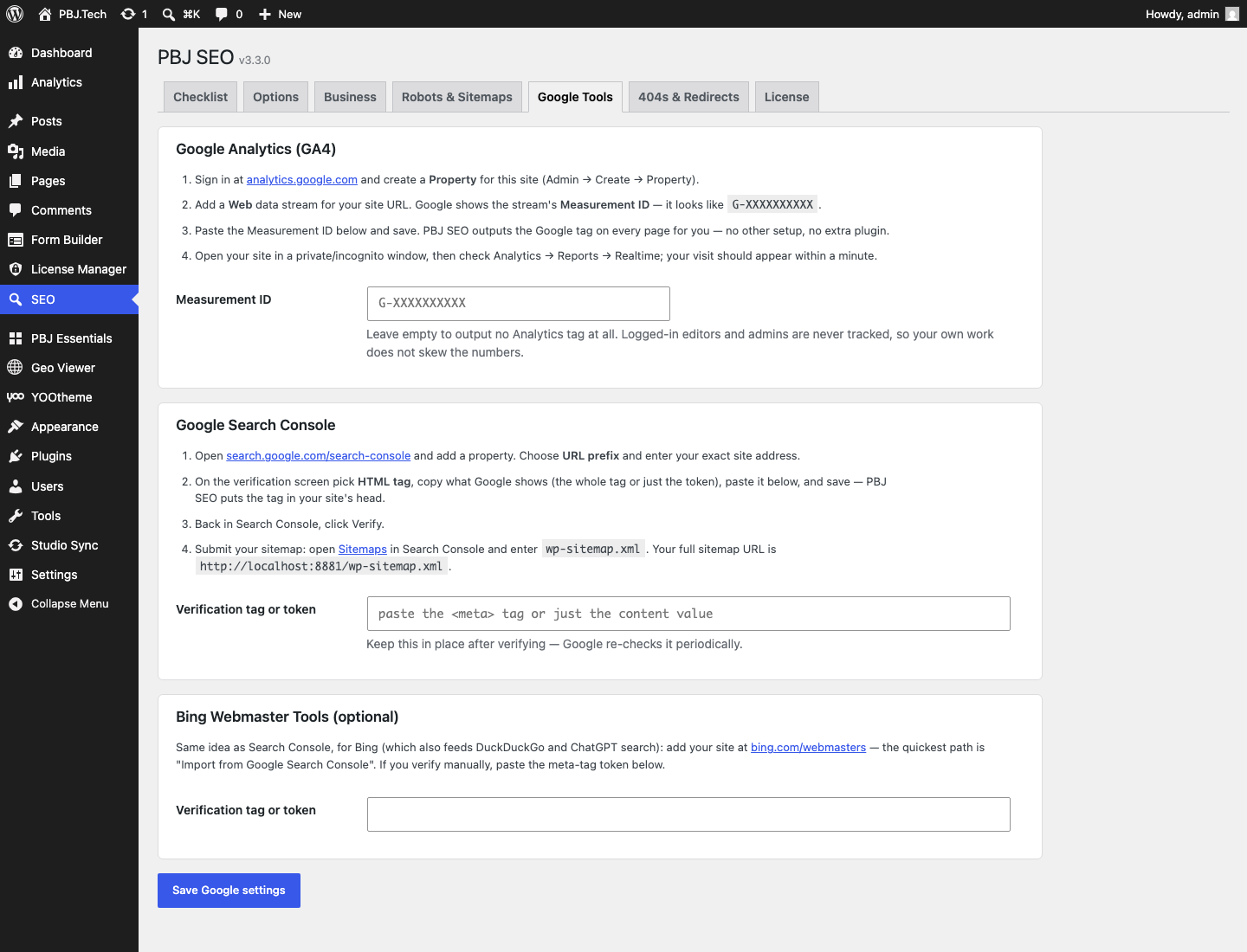 PBJ SEO 3.3 — Google Tools tab: GA4 and Search Console setup