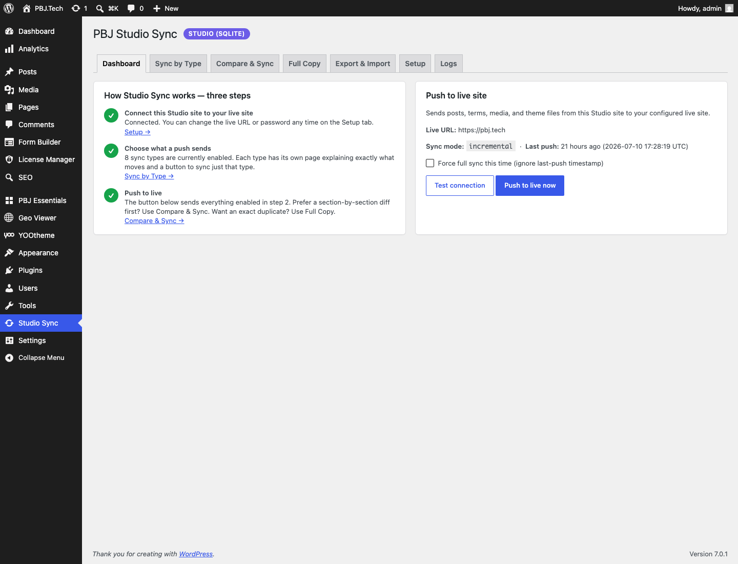 PBJ Studio Sync 3.0 — guided dashboard with Sync by Type and Full Copy
