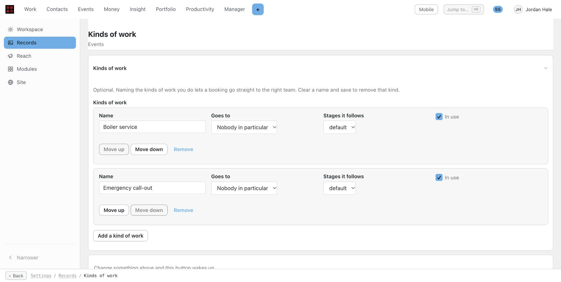 Settings, Records, Kinds of work. Two kinds, Boiler service and Emergency call-out, each with Goes to, Stages it follows and an In use checkbox, plus Move up, Move down and Remove buttons and Add a kind of work.