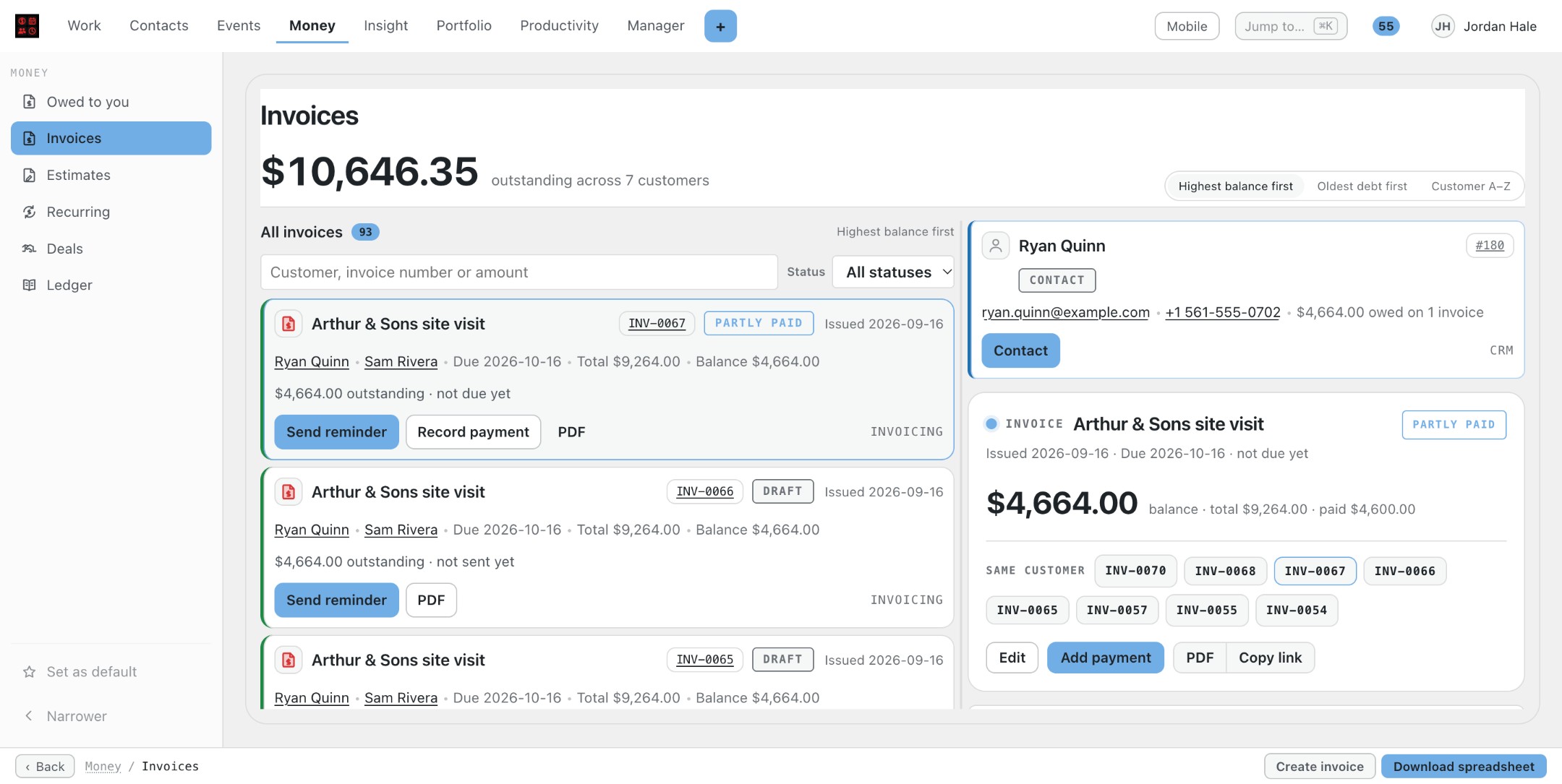 Money, Invoices: $10,646.35 outstanding across 7 customers. Invoice rows for Arthur & Sons site visit show Partly paid and Draft badges with Send reminder, Record payment and PDF buttons. The right pane shows Ryan Quinn and the selected invoice with a $4,664.00 balance and Edit, Add payment, PDF and Copy link.