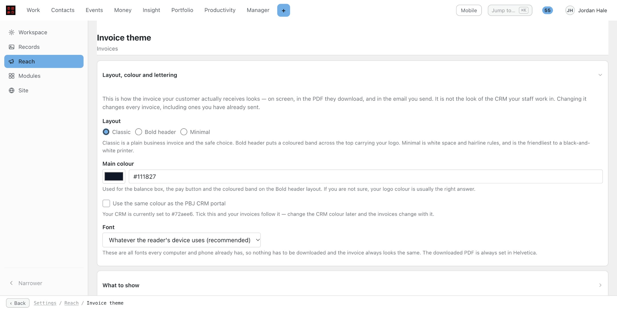 The Invoice theme settings card: Layout radio buttons Classic, Bold header and Minimal, a Main colour field, a Use the same colour as the PBJ CRM portal checkbox and a Font choice.