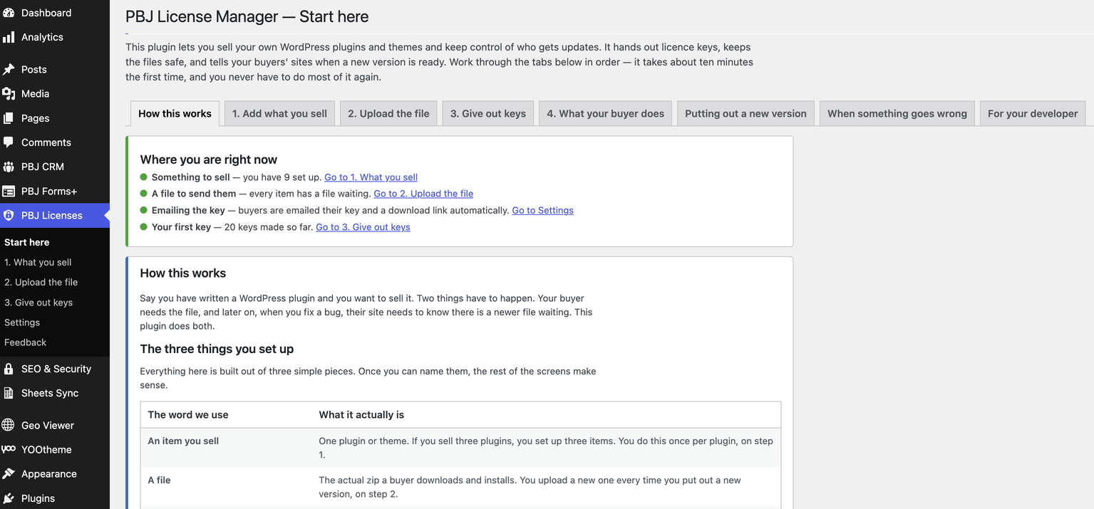 PBJ License Manager 1.3 — the Start here walkthrough, with the live setup checklist and the workflow-ordered menu