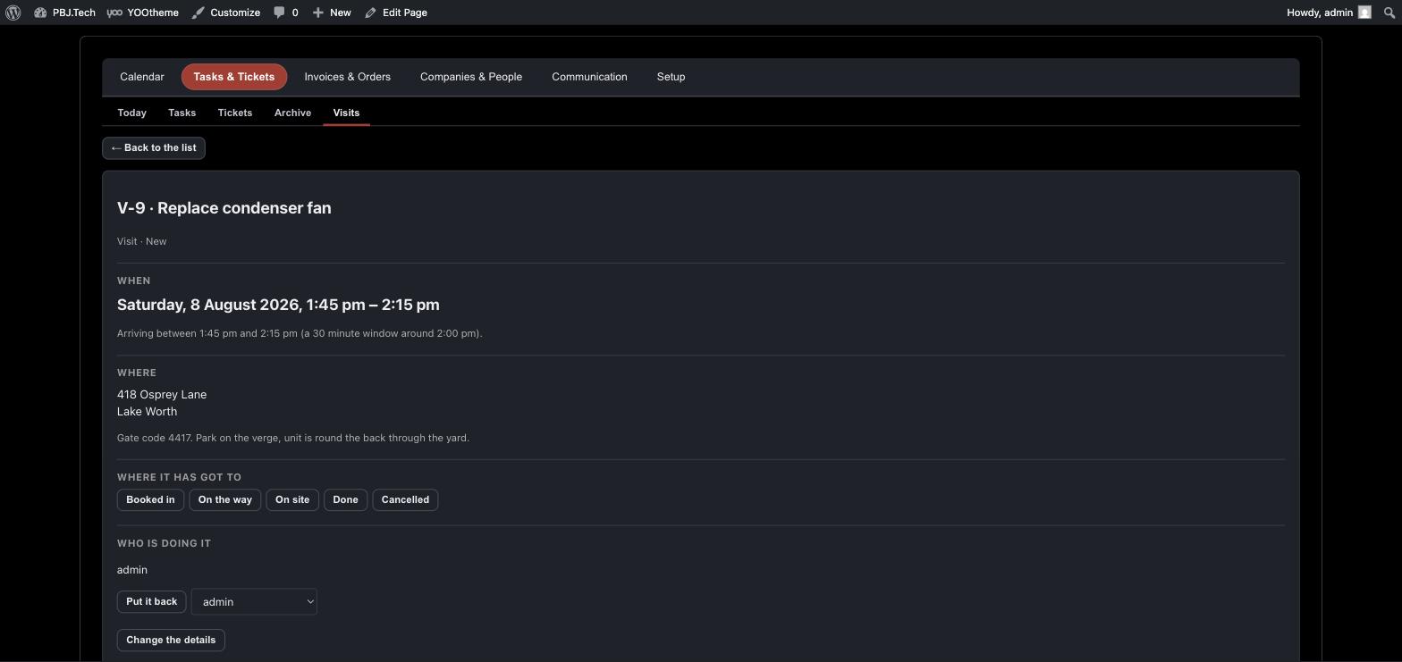 A booked visit in the PBJ CRM portal: V-9, an arrival window of 1:45 pm to 2:15 pm around a 2:00 pm booking, the address with driver notes, and the stage buttons
