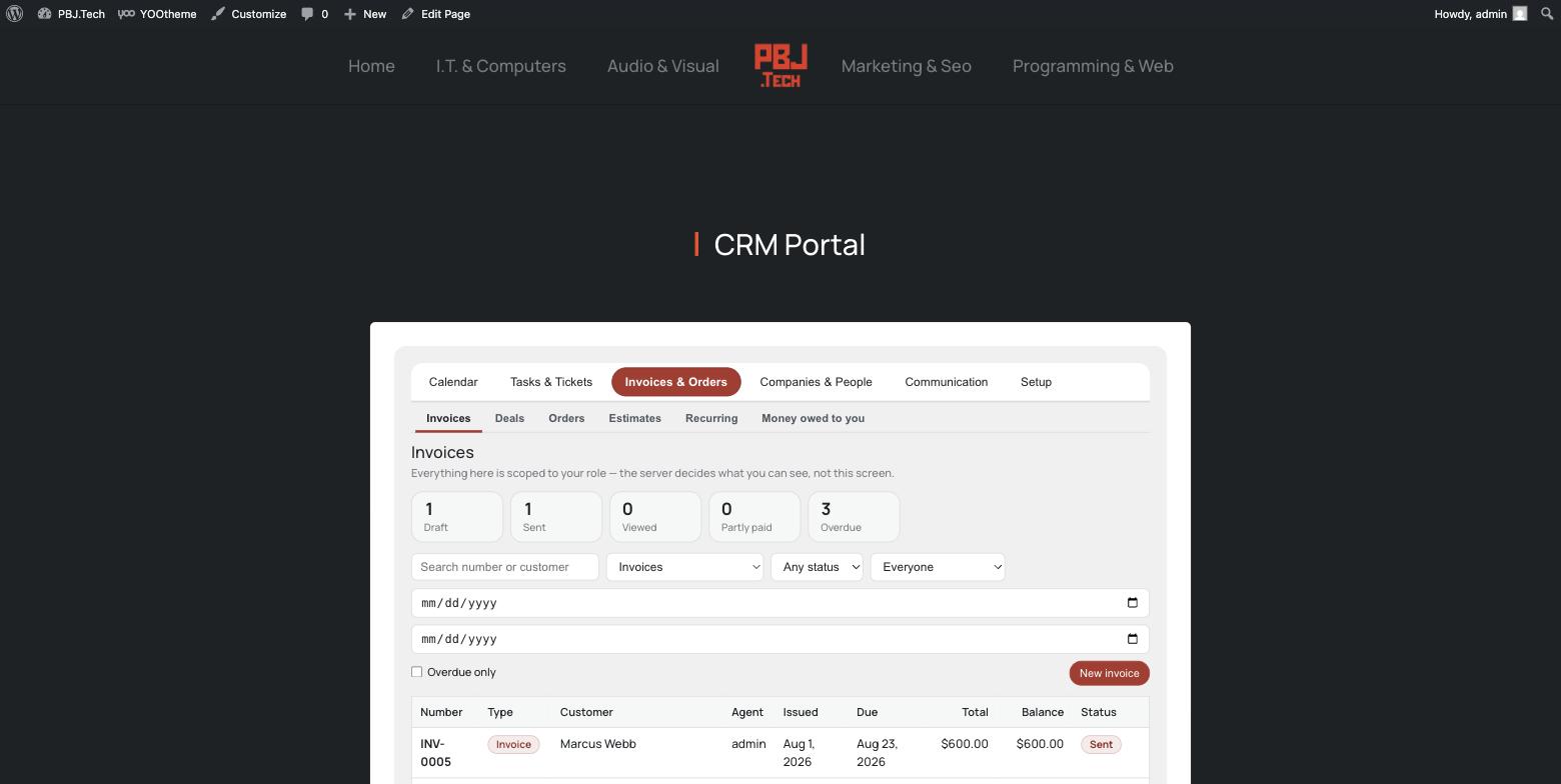 PBJ Invoicing — the invoices screen inside the CRM portal