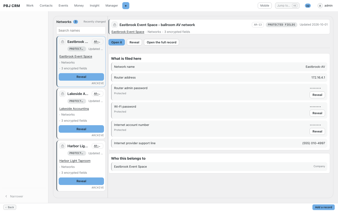 The PBJ Vault Networks list showing records with protected fields filed under each customer