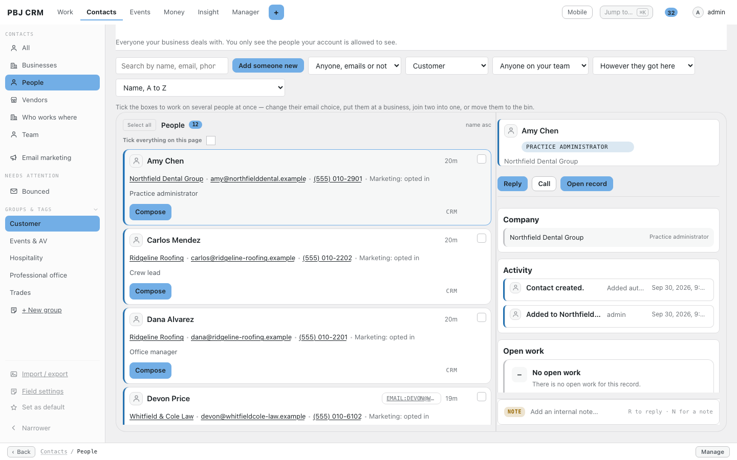 PBJ CRM people list filtered to the Customer group, with a preview of the selected person on the right