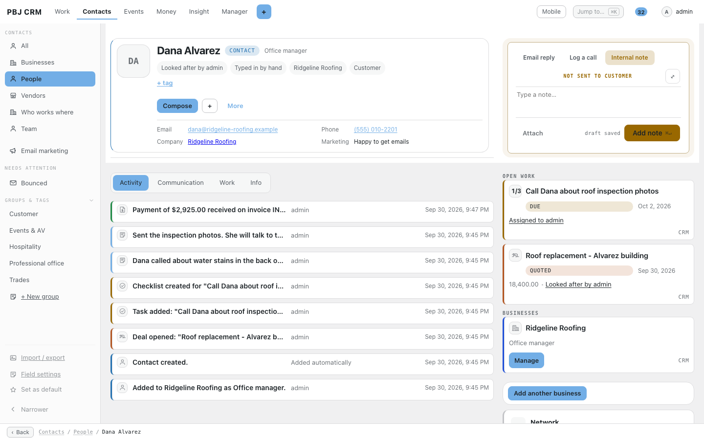 A PBJ CRM contact record showing the activity timeline, a note box and open work