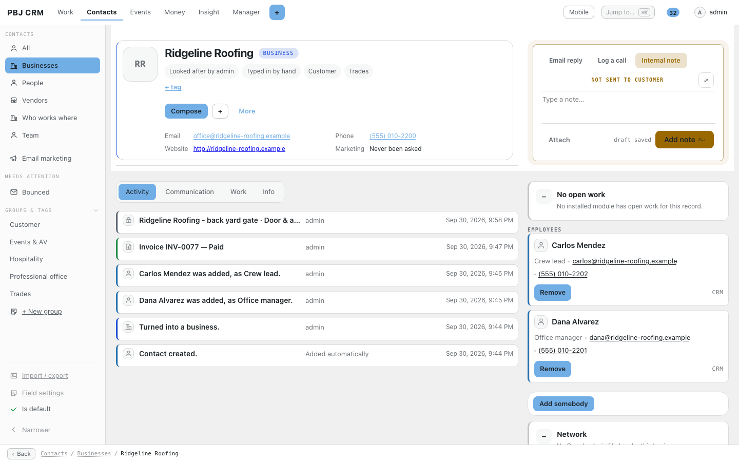 A PBJ CRM business record listing its employees and its history