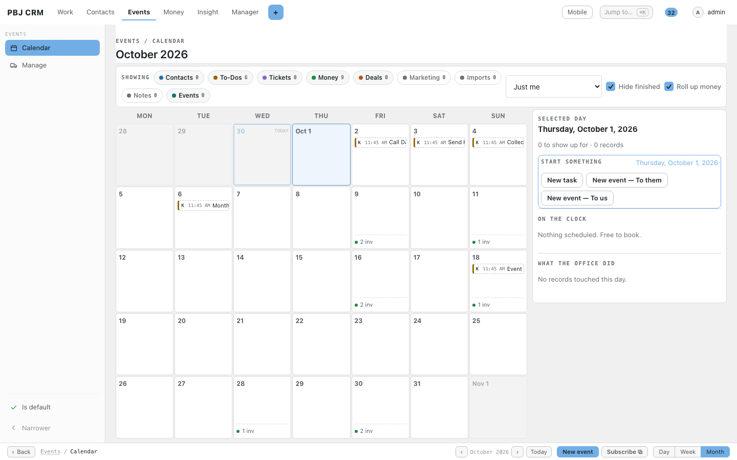 The PBJ CRM month calendar with events, to-dos and invoice due dates