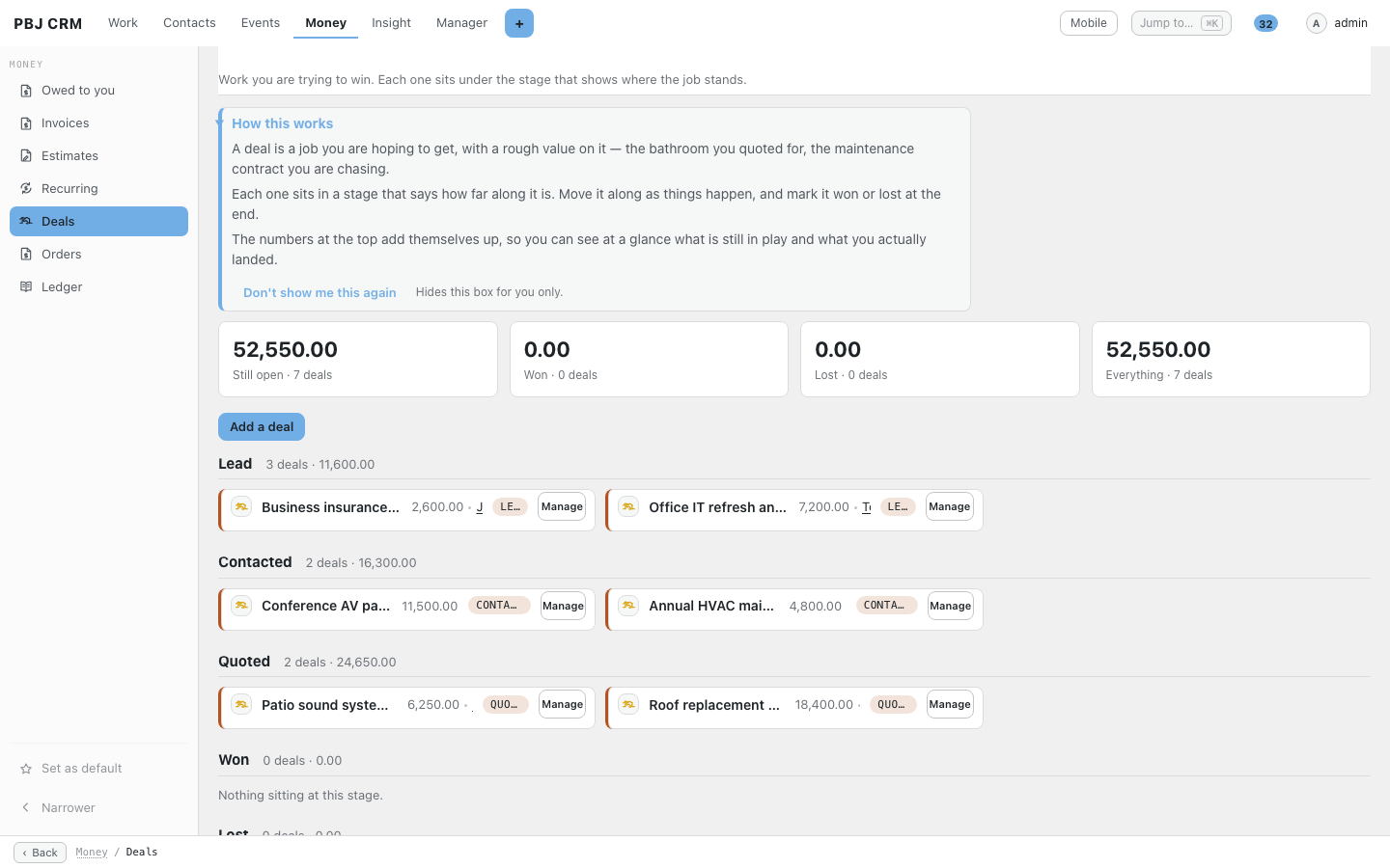 The PBJ CRM deals page with jobs grouped into Lead, Contacted and Quoted stages