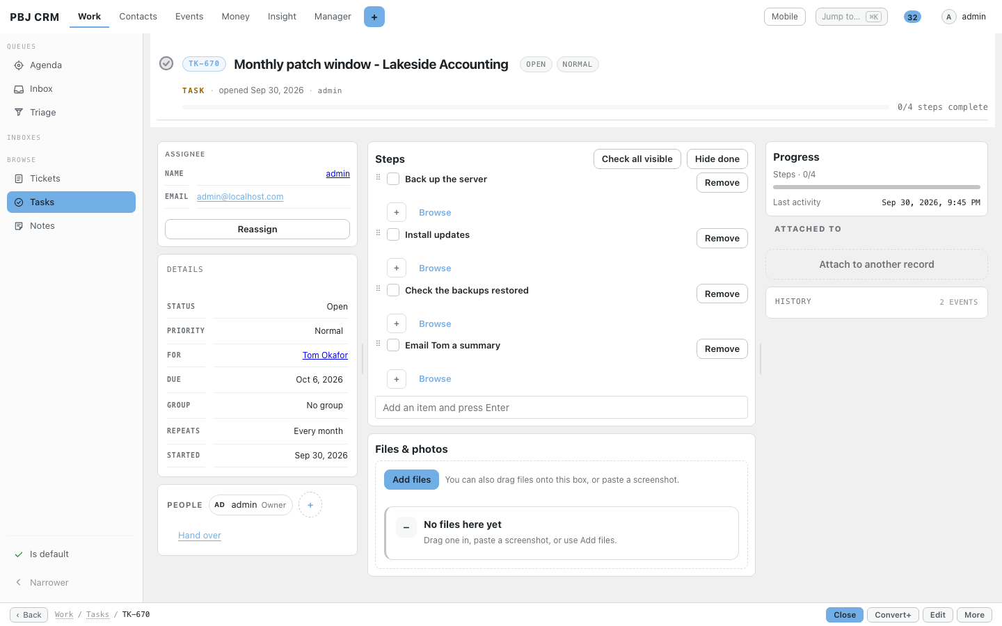 A PBJ CRM task with a checklist, assignee, due date and repeat setting