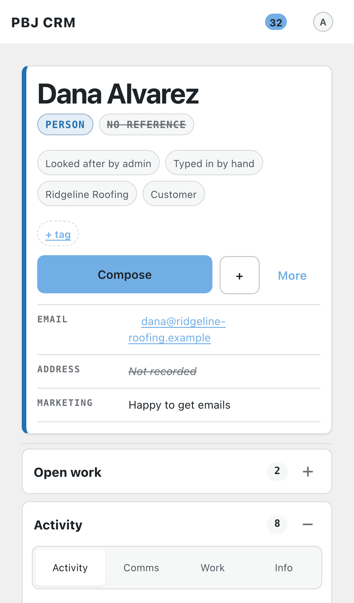 A PBJ CRM contact record on a phone