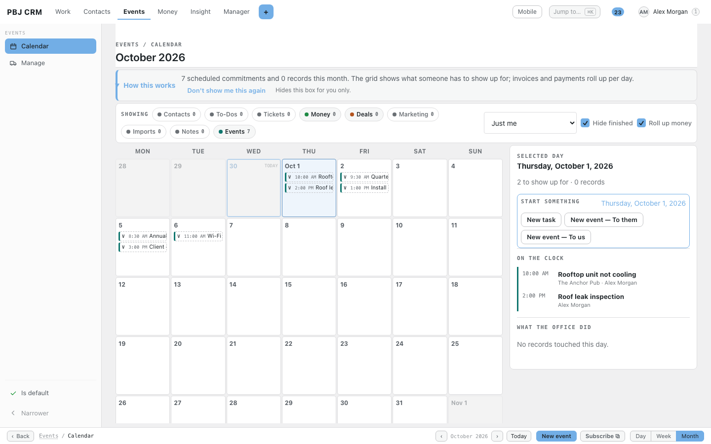 The Events calendar in PBJ CRM in month view for October, with booked visits on their days and the selected day's schedule on the right