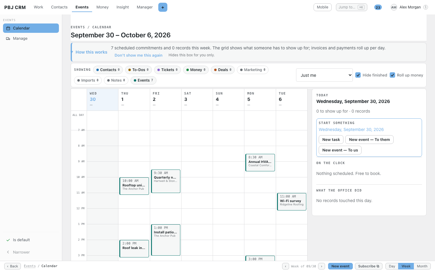 The Events calendar in PBJ CRM in week view, showing seven booked visits across the week with the job name and customer on each block