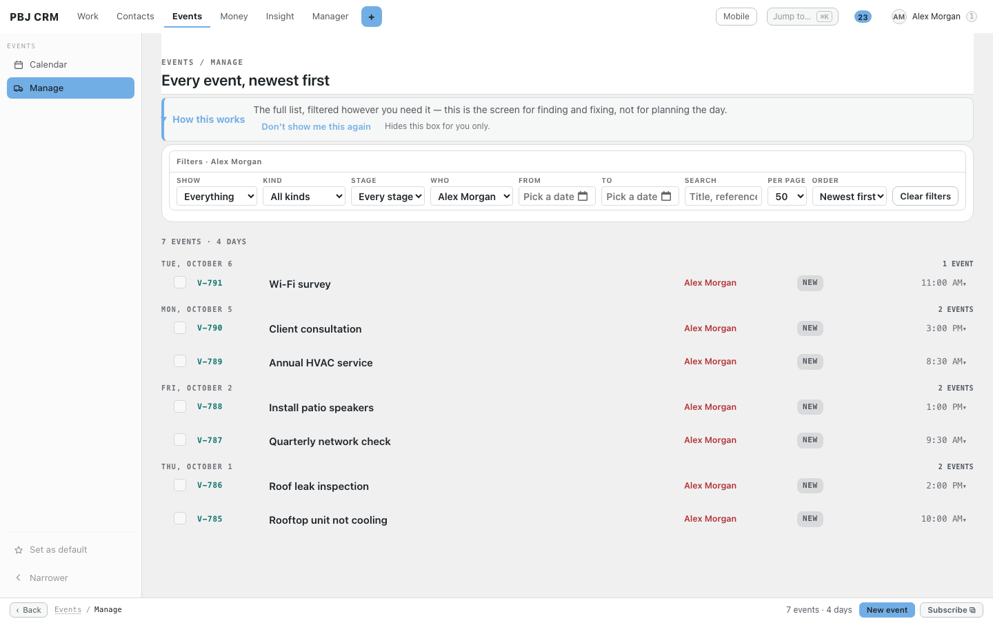 The Events Manage list in PBJ CRM filtered to one technician, listing seven bookings with reference numbers, stage and time