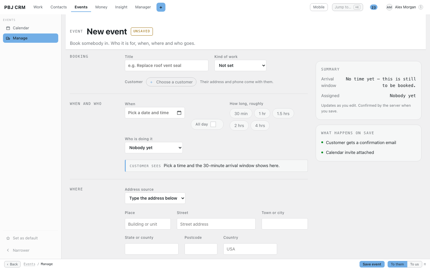 The New event form in PBJ CRM with fields for title, customer, date and time, duration, who is doing it and the address