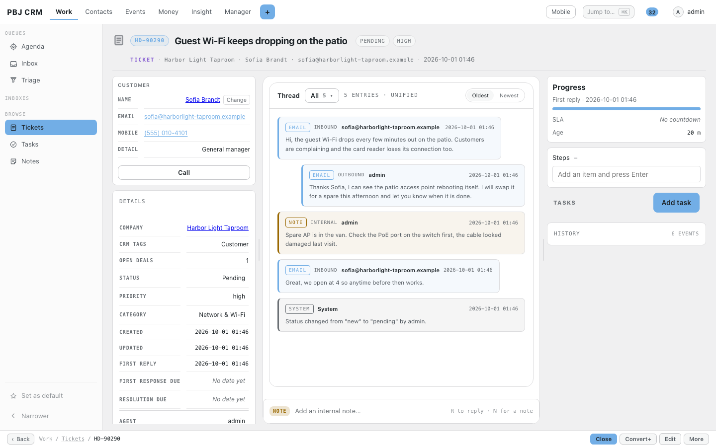 A PBJ Helpdesk ticket thread with customer email, a reply and an internal note