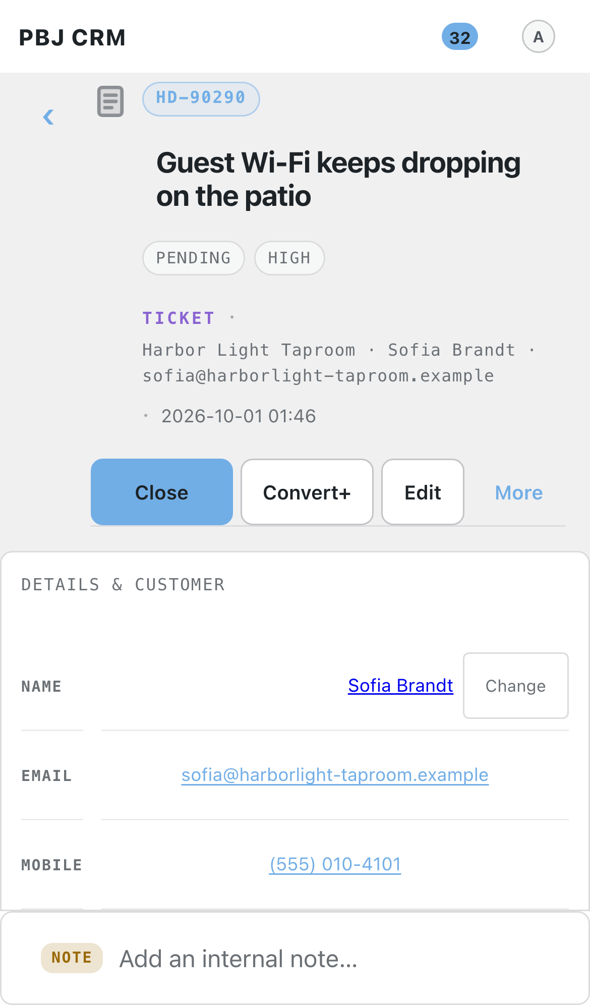 A PBJ Helpdesk ticket on a phone