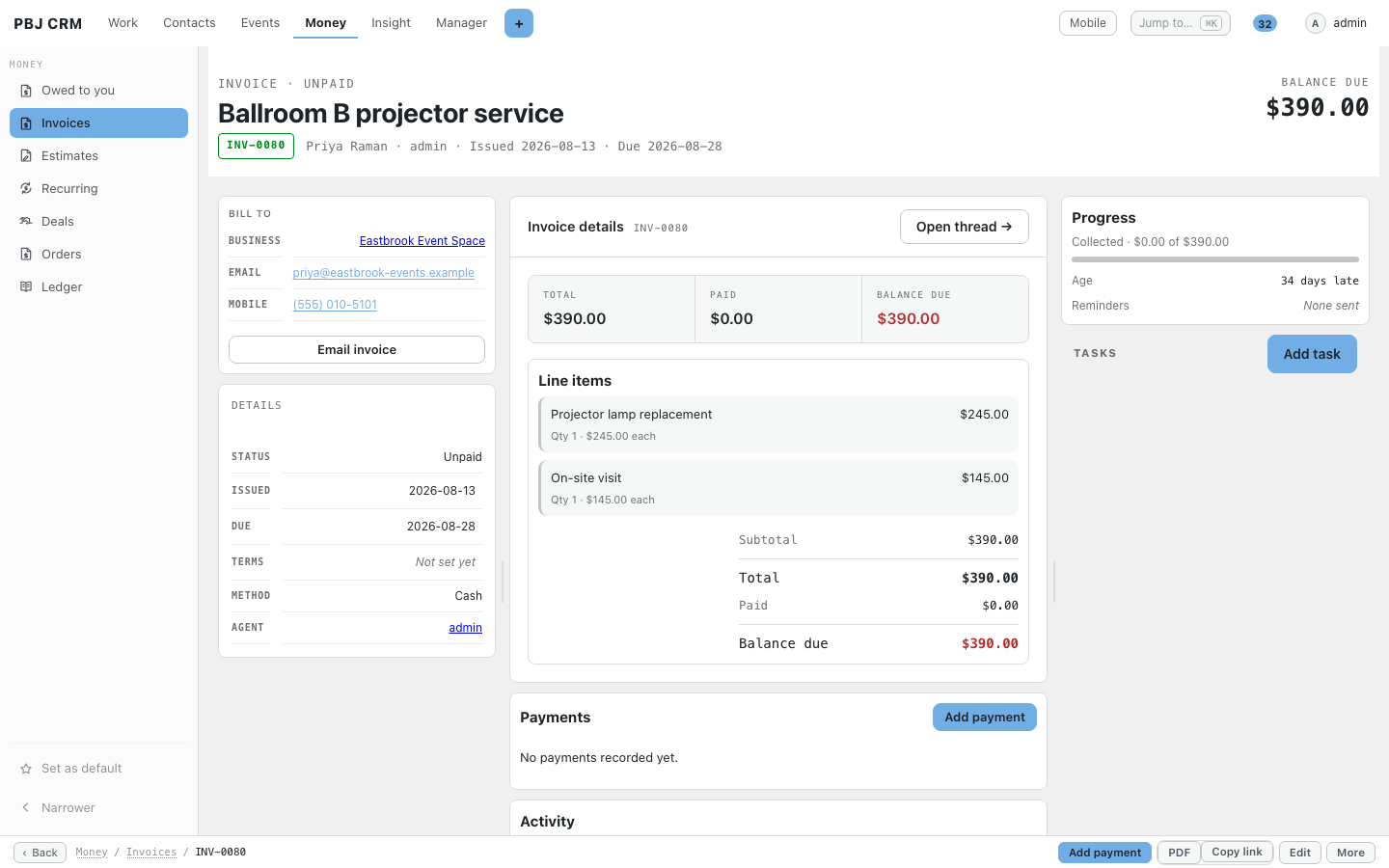 A PBJ Invoicing invoice showing line items, balance due and customer details