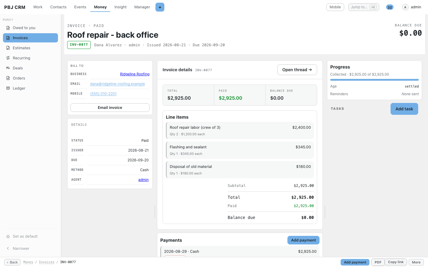 A paid PBJ Invoicing invoice with its payment history