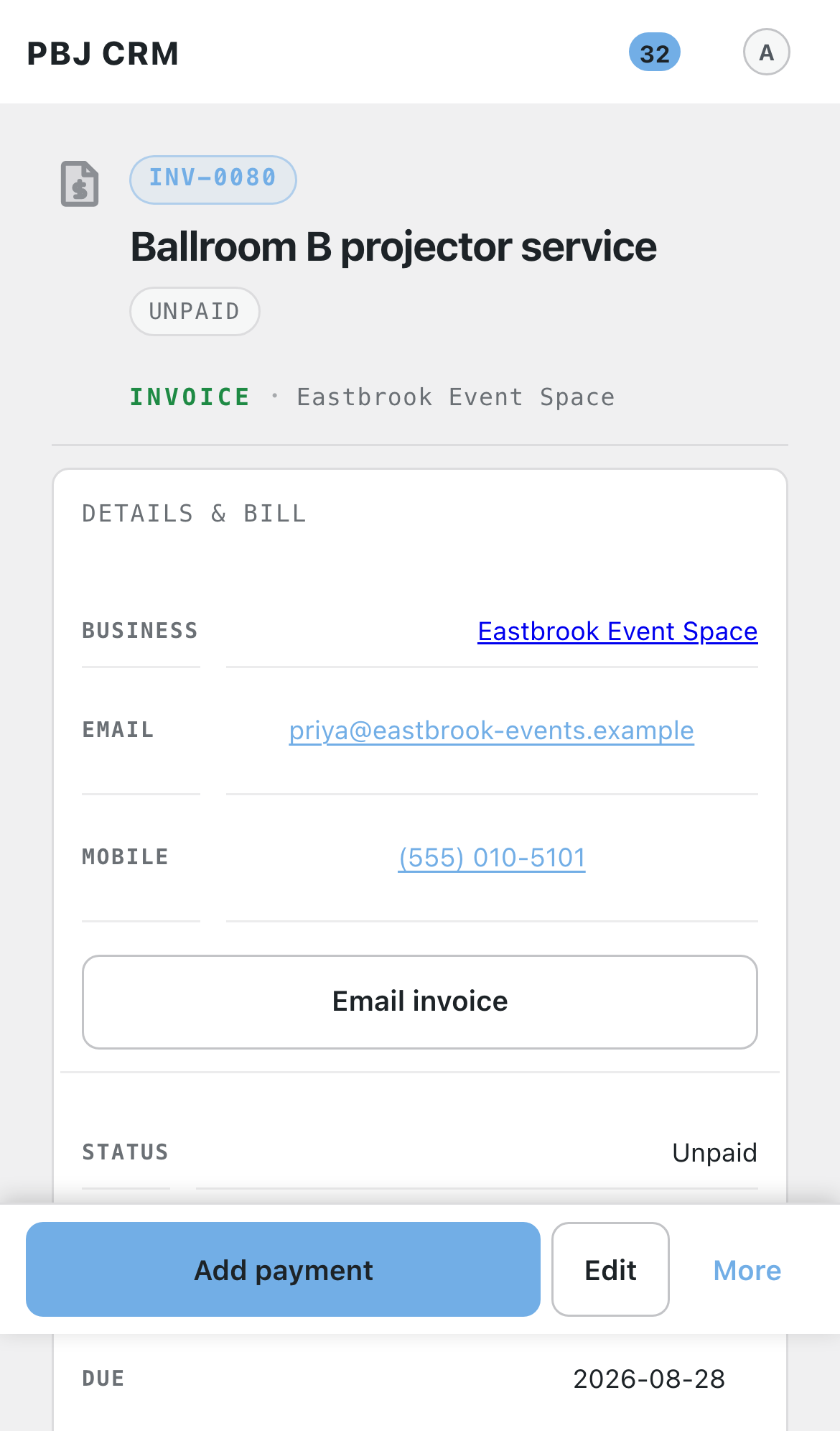 A PBJ Invoicing invoice on a phone with an Add payment button