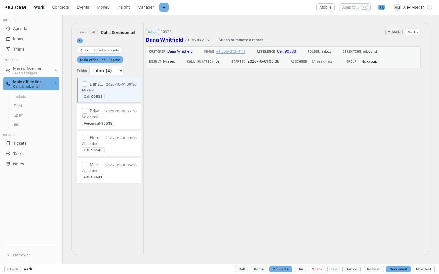 The calls and voicemail inbox in PBJ CRM for the main office line, listing a missed call, a voicemail and two answered calls