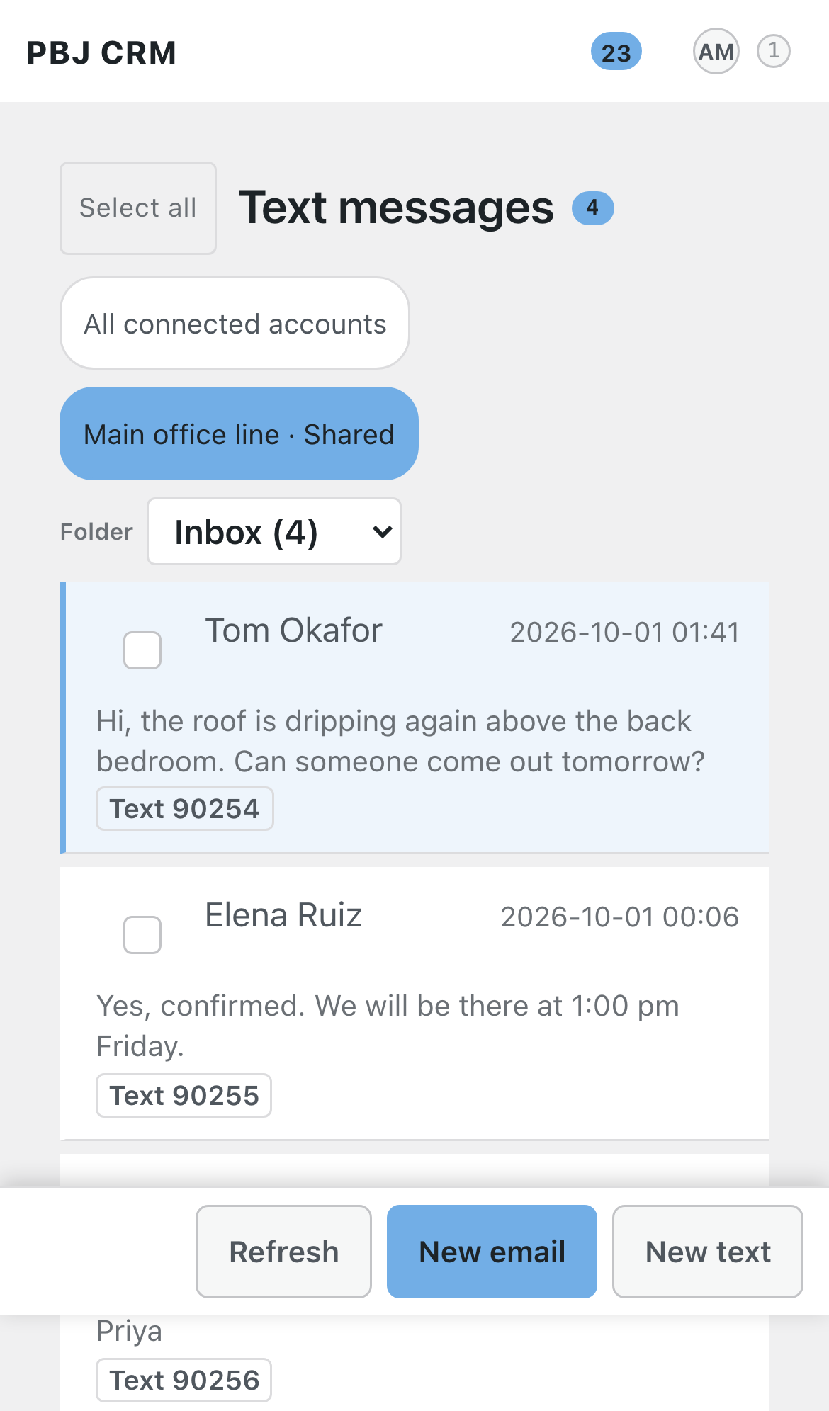 The text messages inbox in PBJ CRM on a phone, showing the account chips and the first conversations