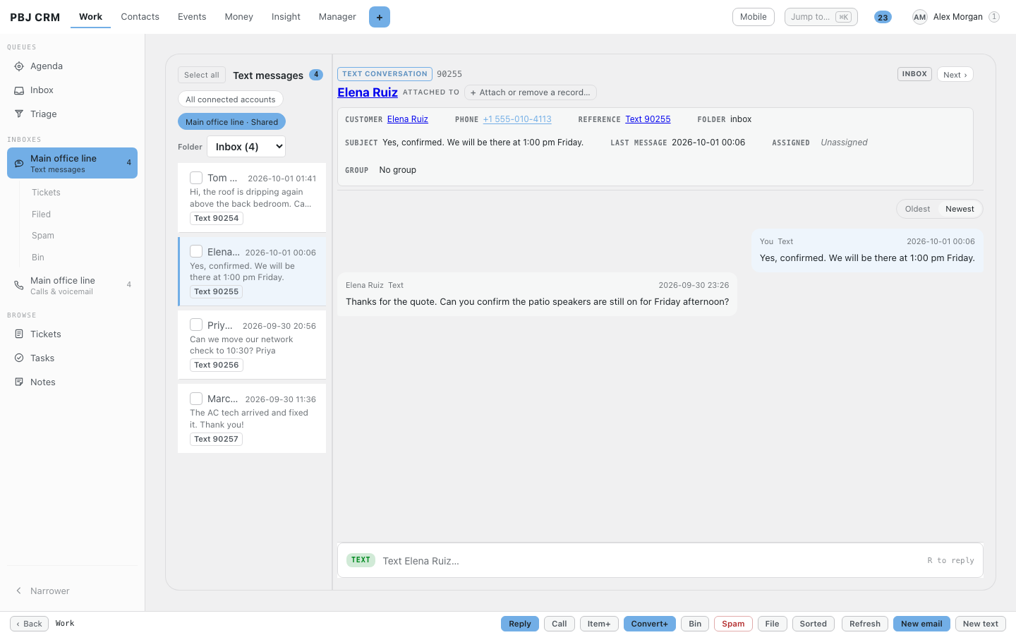A text conversation in PBJ CRM with a customer, showing their question and the office reply, with the customer's name and phone number at the top