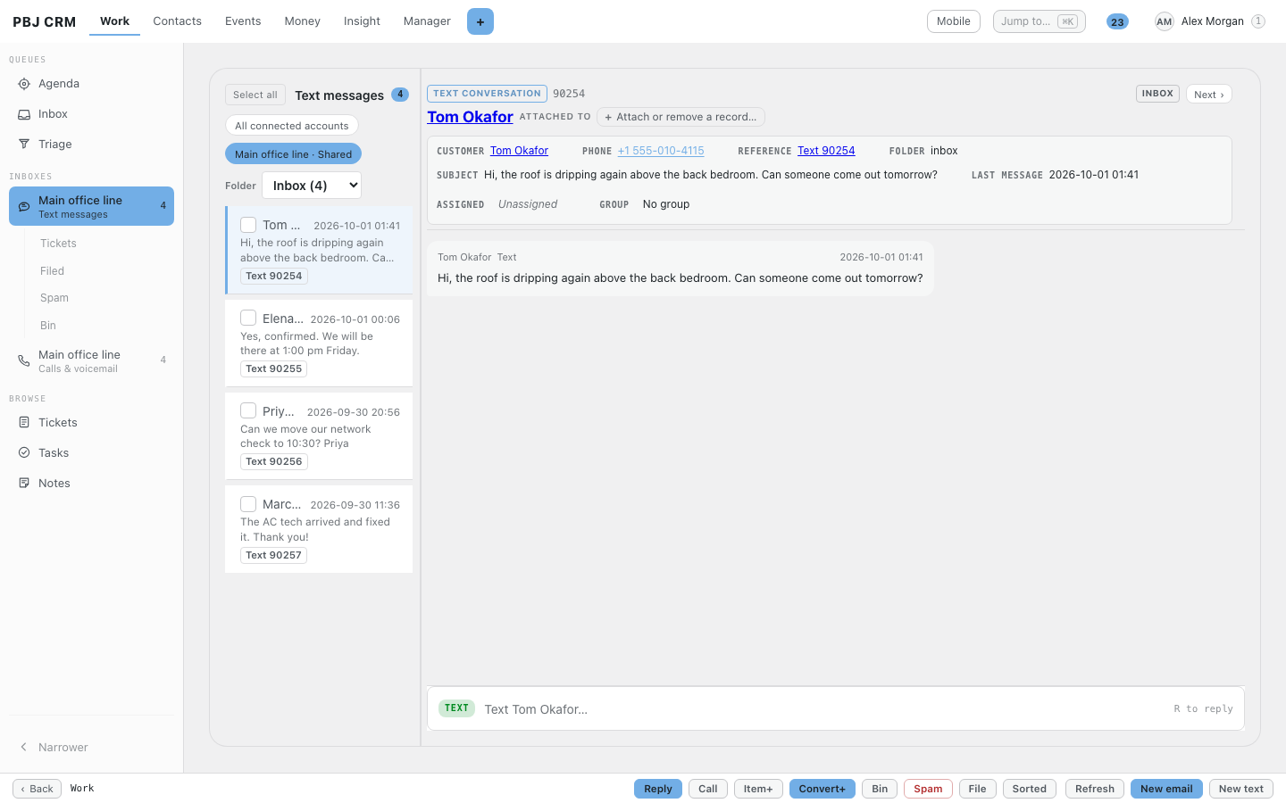 The text messages inbox in PBJ CRM for the main office line, with four conversations listed and a customer message open on the right