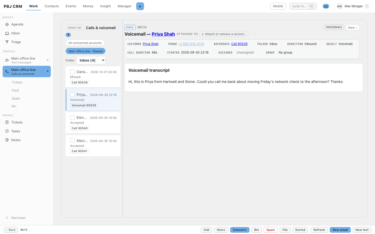 A voicemail record in PBJ CRM with the caller, the call length and the written transcript of the message