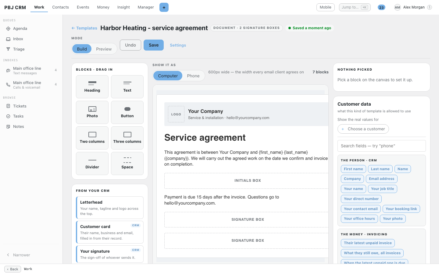 The designer in PBJ CRM showing a service agreement with an initials box and two signature boxes
