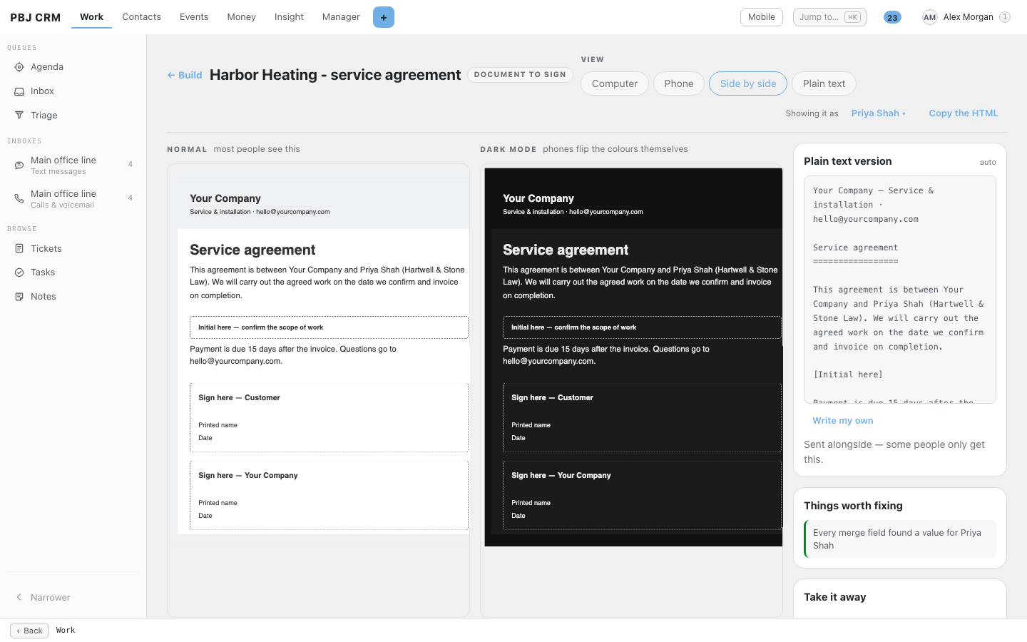 The preview of a service agreement in PBJ CRM with the customer name and business filled in, shown in normal and dark mode