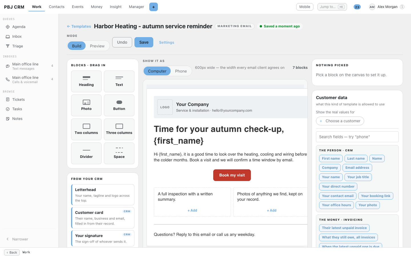 The email template designer in PBJ CRM with a block palette, a marketing email on the canvas and a panel of merge fields from the CRM