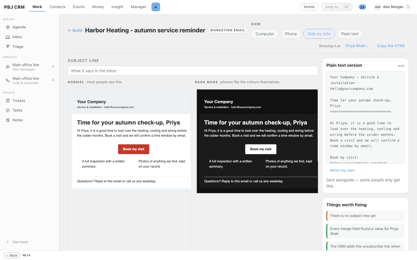 The preview of a marketing email in PBJ CRM filled in for a chosen contact, shown in normal and dark mode next to the plain-text version