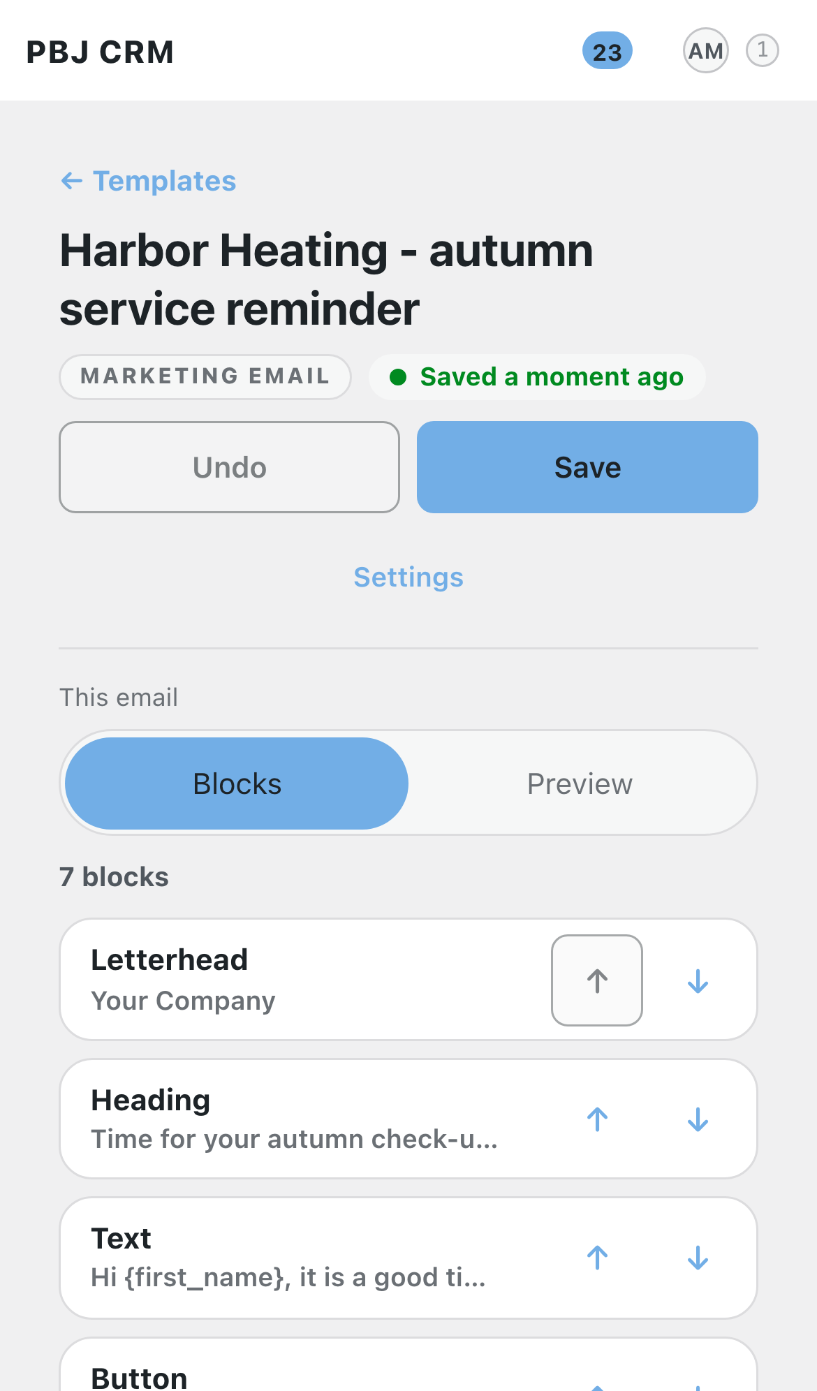 The template designer in PBJ CRM on a phone, showing the title, save controls and the list of blocks