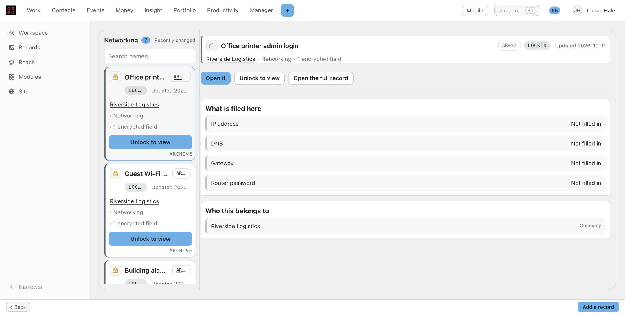 An entry opened while the Vault is locked: names stay readable, protected values do not.